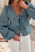 Tied Front Long Puff Sleeve Denim Top