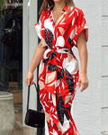 Fashion Print High-Waisted Jump-Sleeved Shirt Dress
