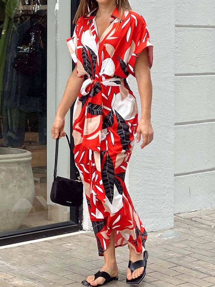 Fashion Print High-Waisted Jump-Sleeved Shirt Dress