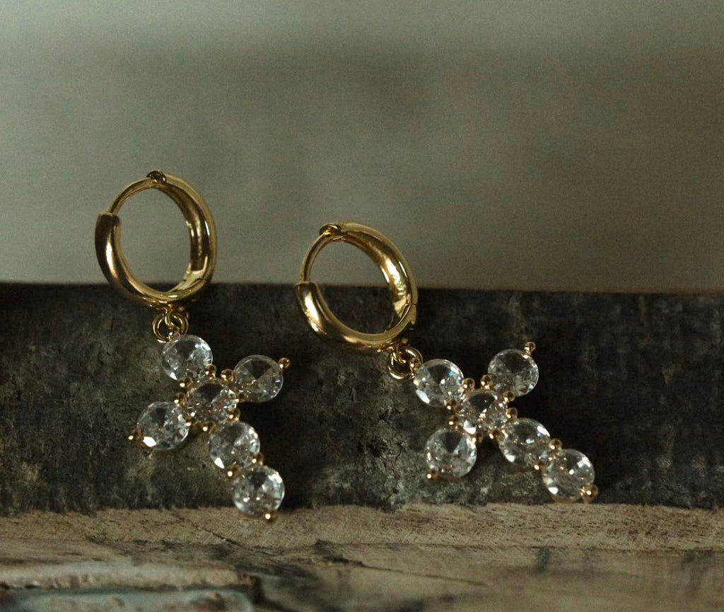 Gold Crystal & Emerald  Cross Drop Hoops – Elegant, Timeless, & Meaningful