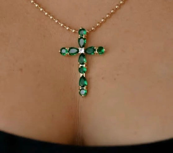 Emerald Teardrop Cross Pendant Necklace – Bold, Elegant, & Timeless