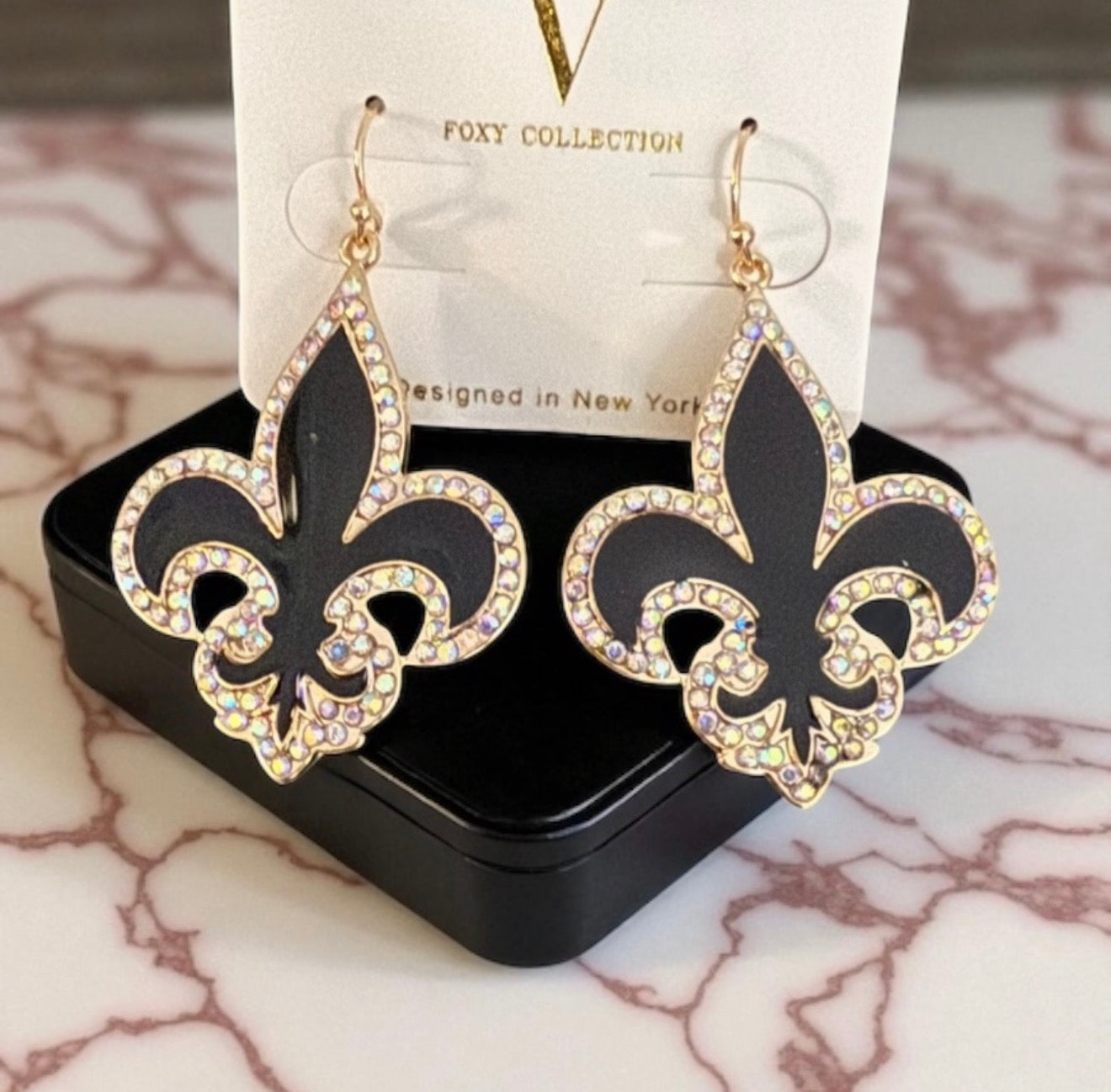 Rhinestone Fleur-de-Lis Statement Earrings