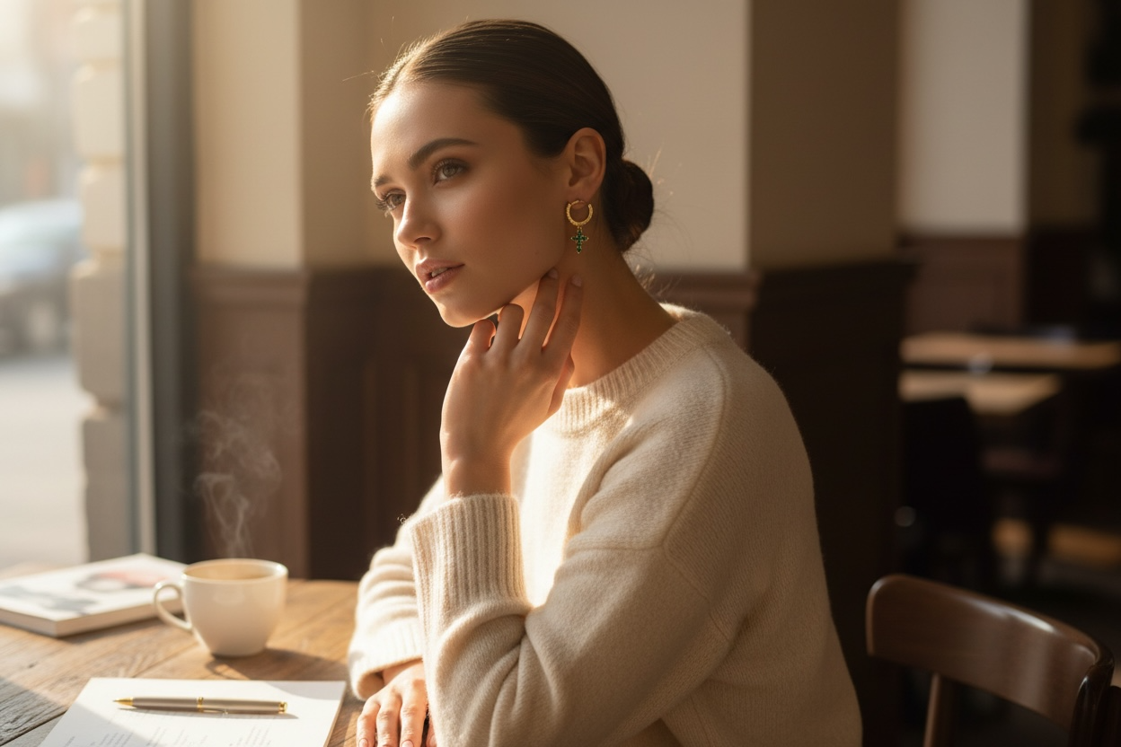 Gold Crystal & Emerald  Cross Drop Hoops – Elegant, Timeless, & Meaningful