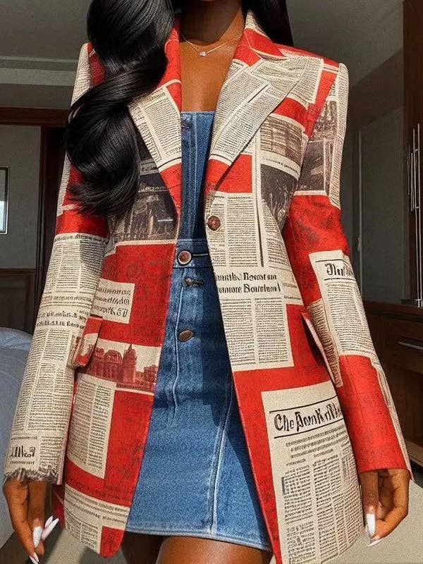 Long Sleeves Loose Buttoned Newspaper Print Pockets Split-Joint Notched Collar Blazer Outerwear