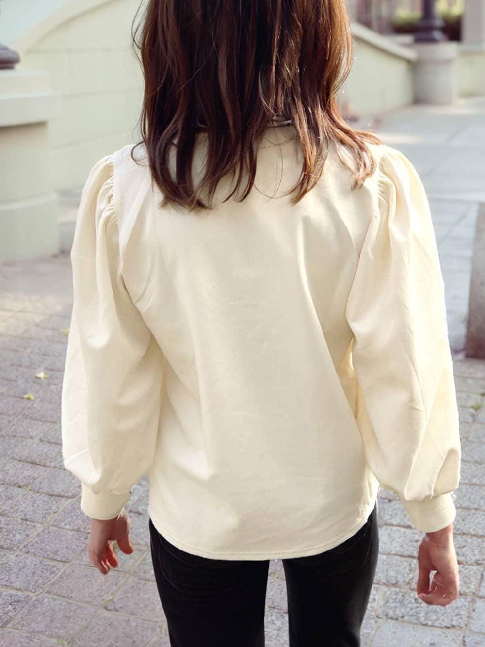 Striped Collar Puff Sleeve Sweatshirt in Pink & Light Yellow