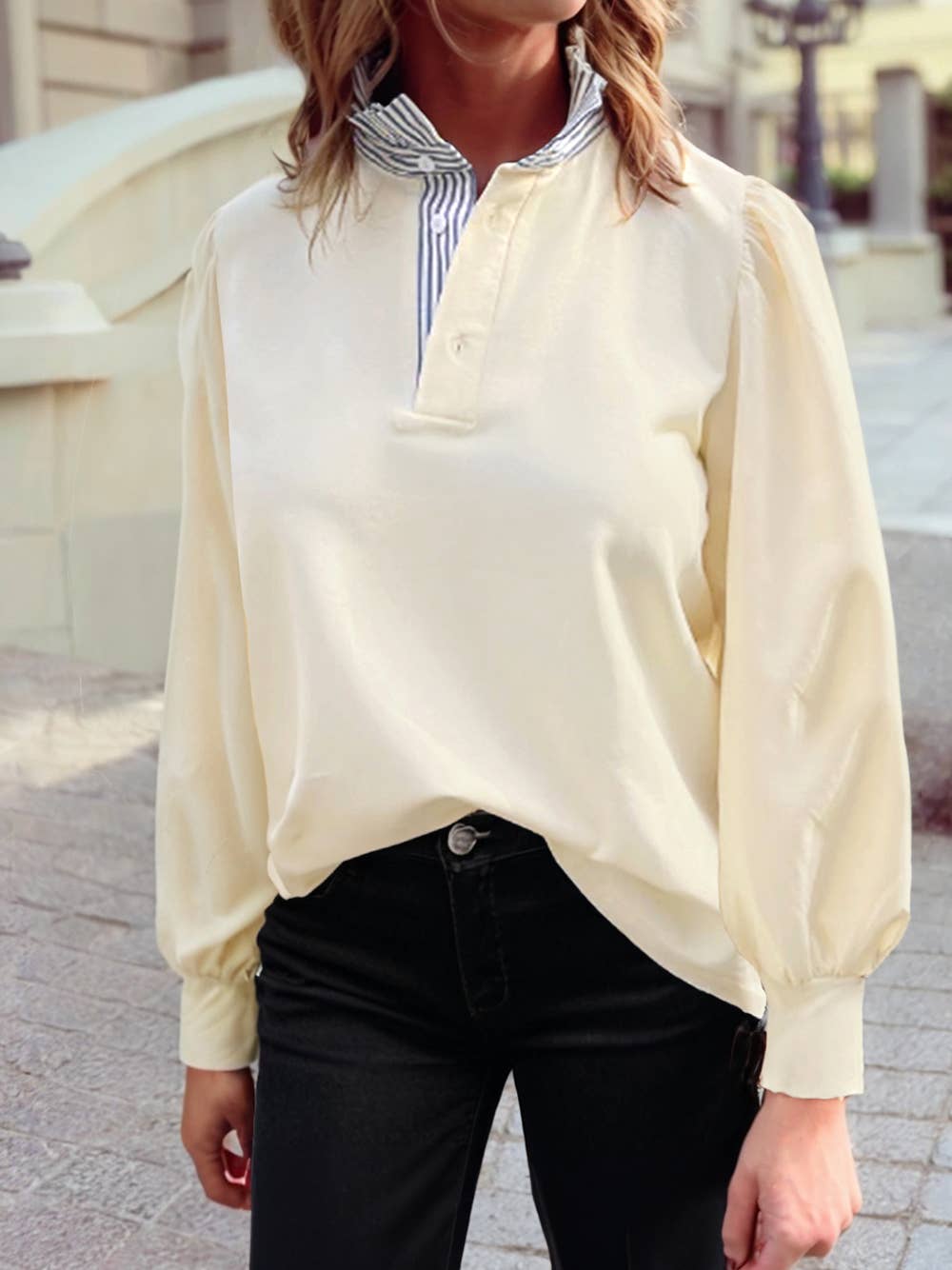 Striped Collar Puff Sleeve Sweatshirt in Pink & Light Yellow