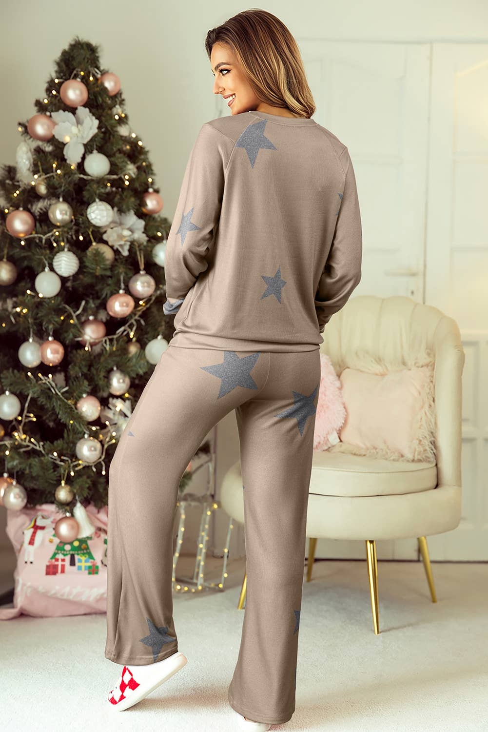 Retro Star Long Sleeve Drawstring Wide Leg 2pcs Lounge Set