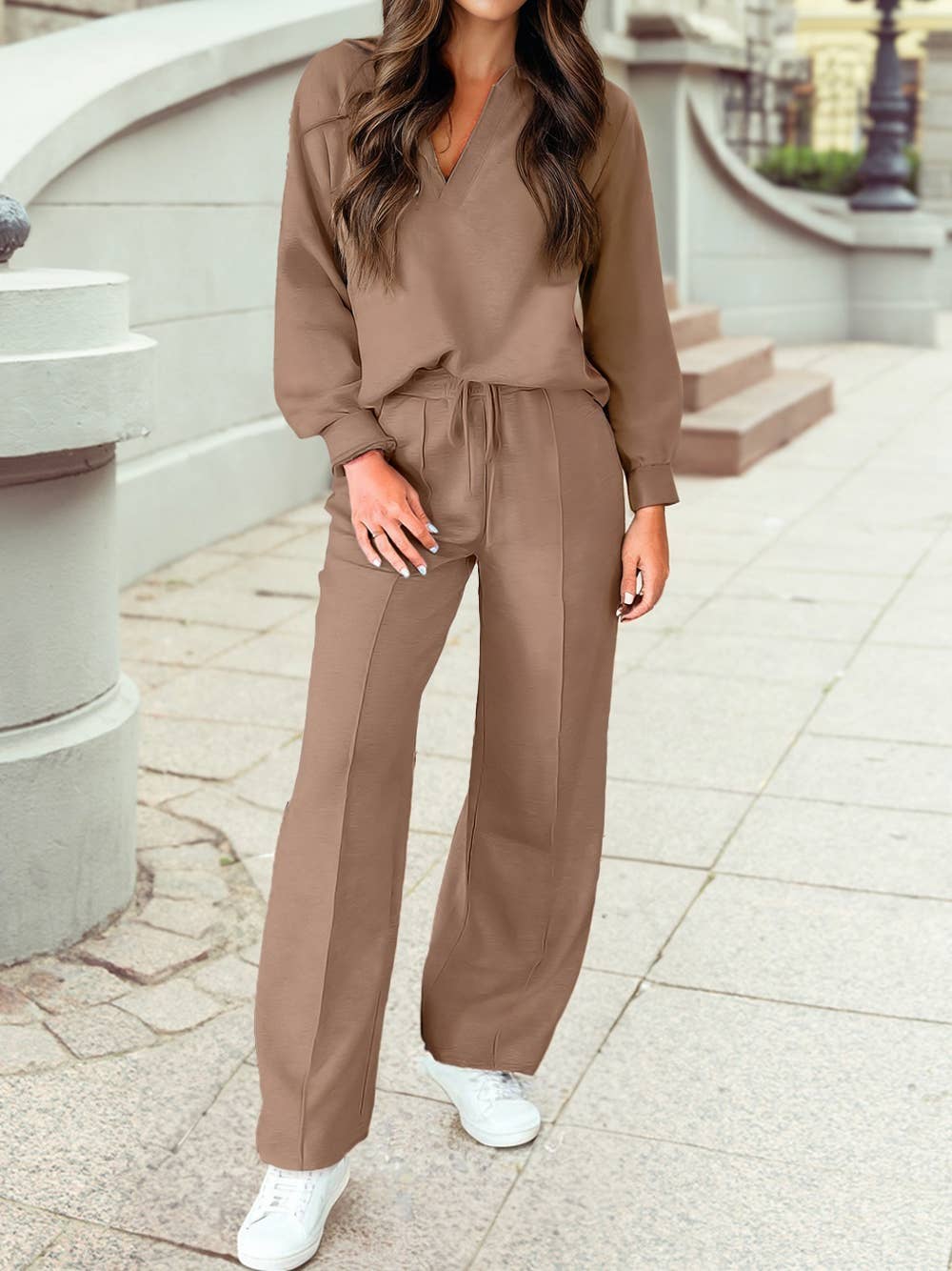 Polo Collar V Neck Pullover and Drawstring Sweatpants Set